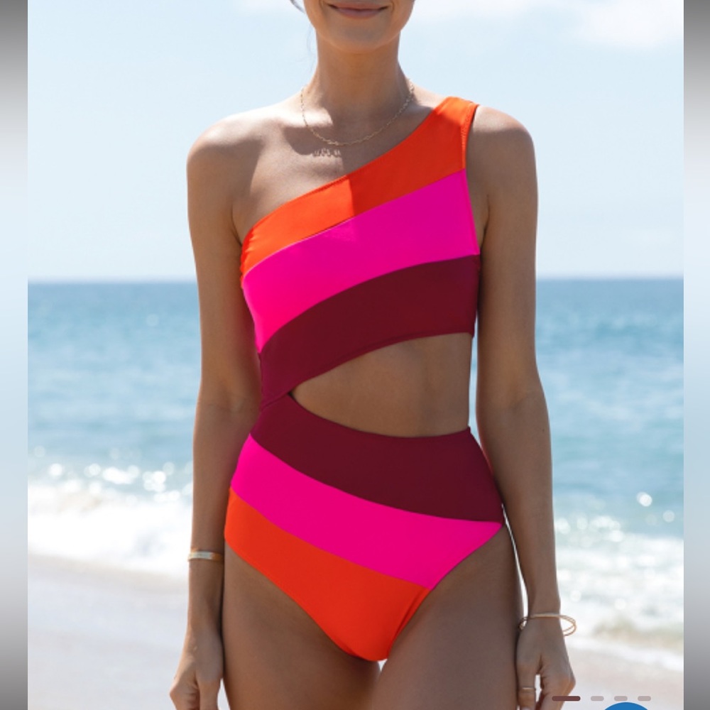 One Shoulder Color Block One Piece swimsuit Rose Red NWT